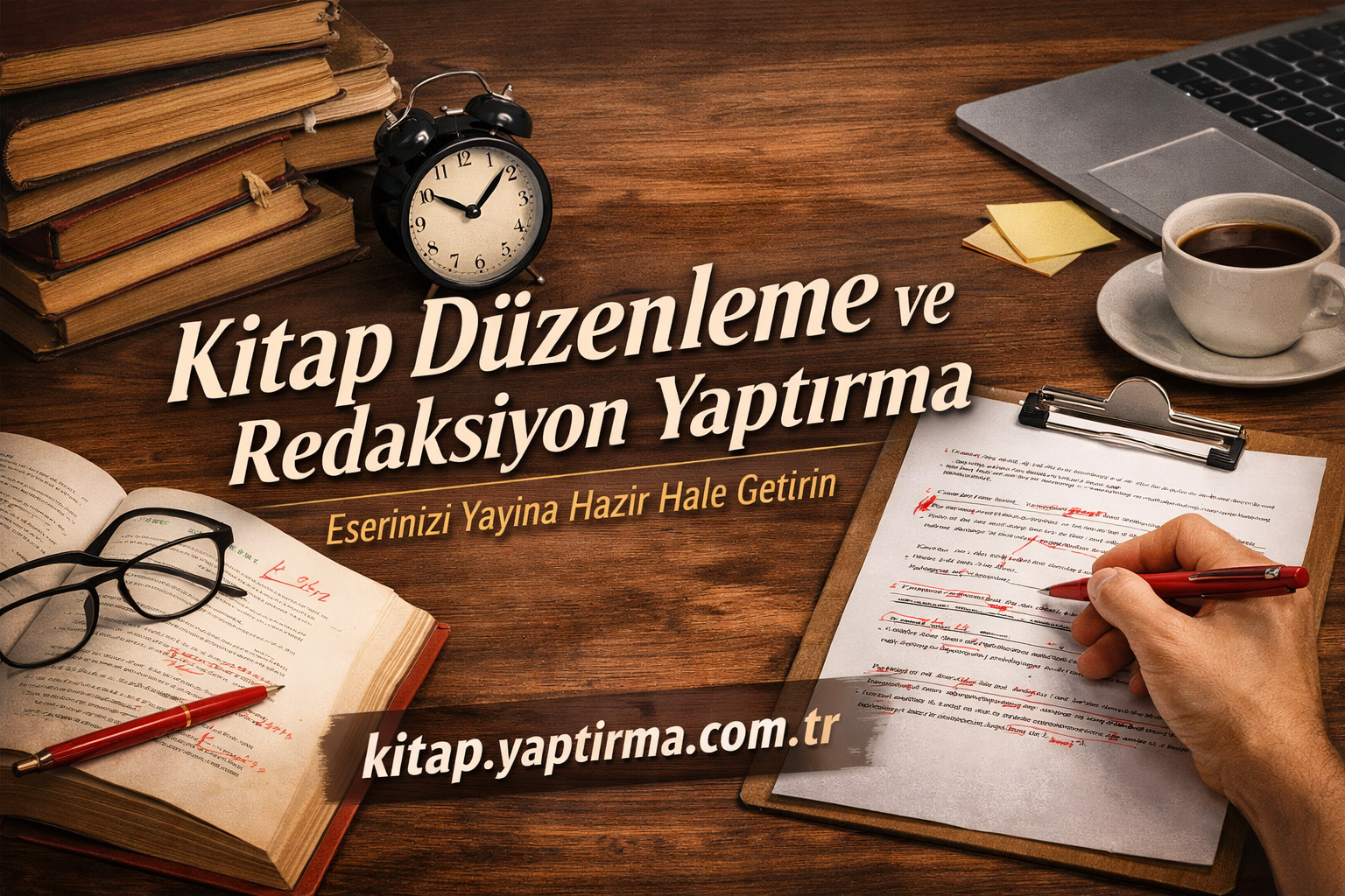 Turkish ad banner for book editing on a wooden desk: books, an alarm clock, glasses, a clipboard with manuscript, a hand writing, and the text 'Kitap Düzenleme ve Redaksiyon Yaptırma' with the site kitap.yaptirma.com.tr.