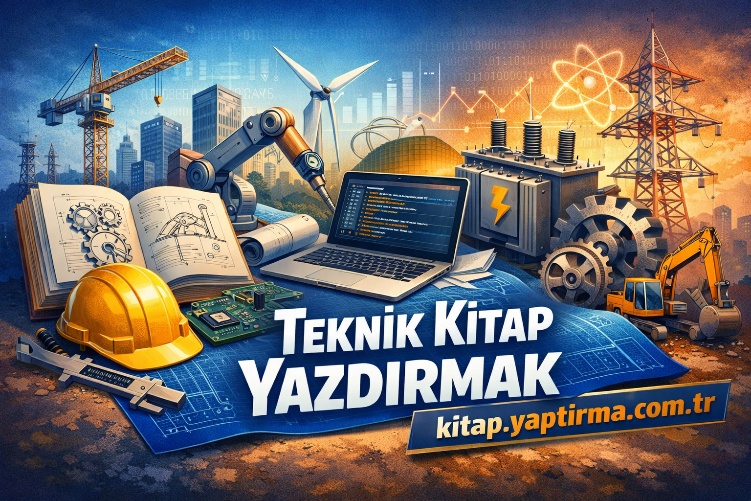 Engineering-themed collage with blueprint, helmet, laptop showing code, gears, and construction gear, plus Turkish title 'TEKNİK KİTAP YAZDIRMAK' and a site banner.