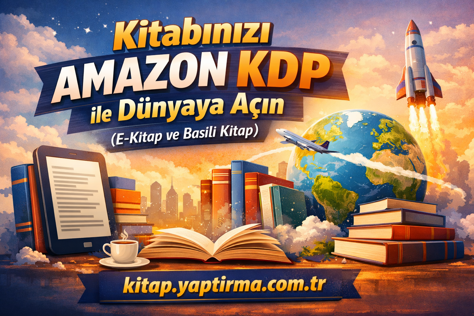 Promotional banner encouraging authors to publish with Amazon KDP worldwide (e-book and print). It features a globe, books, tablet, and rocket imagery.