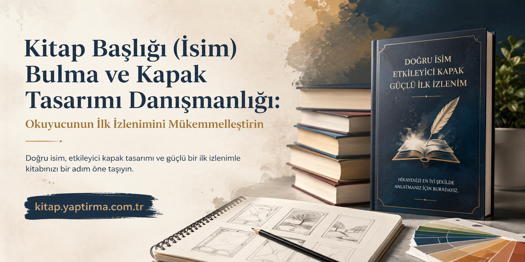 Turkish ad banner promoting book title discovery and cover design; features a blue hardcover book, a stack of books, a sketchbook, and color swatches on a beige background.