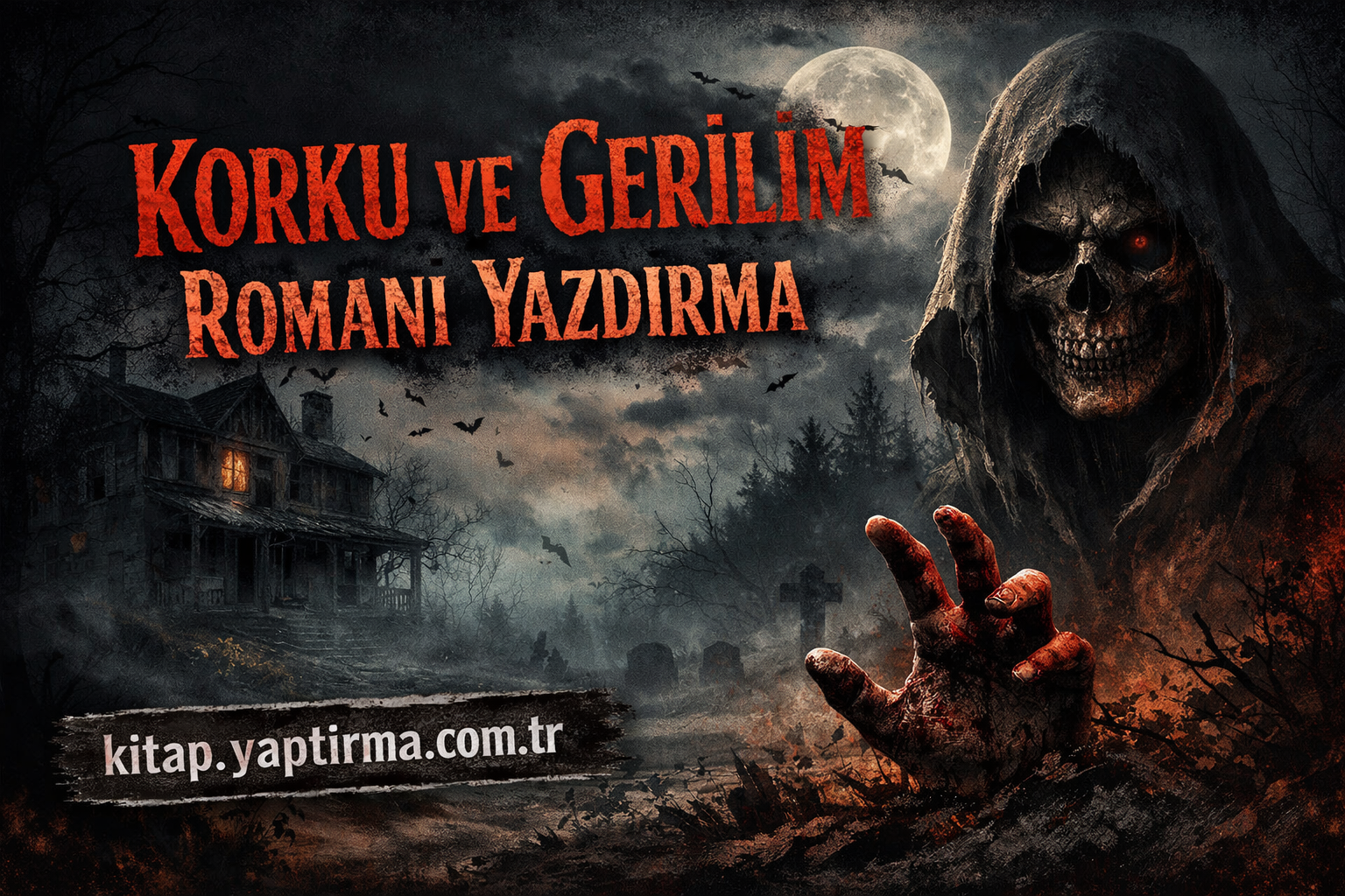 Dark horror poster featuring a hooded skeletal figure reaching forward, full moon, haunted house on the left, and red Turkish title text KORKU VE GERİLİM ROMANI YAZDIRMA with a graveyard scene behind.