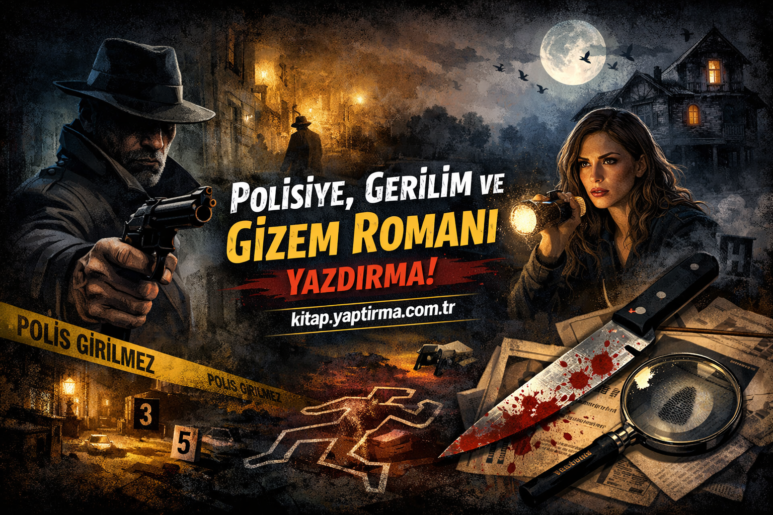 Crime thriller poster: a man with a gun on the left and a woman with a flashlight on the right, plus a blood-splattered knife and magnifying glass at a crime scene.