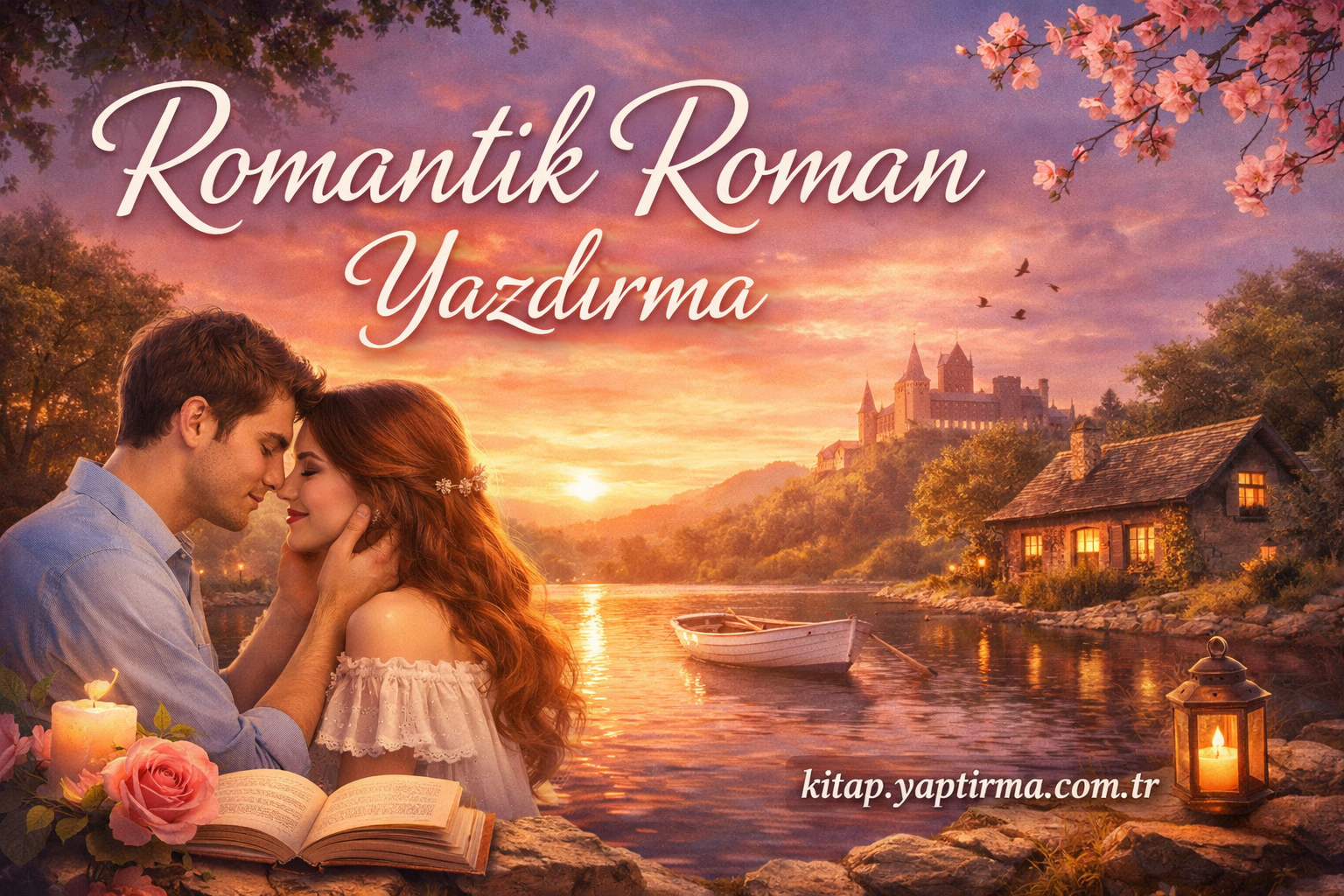 Romantic book cover showing a couple embracing at sunset by a lake, with a castle, boat, and lantern in the background.